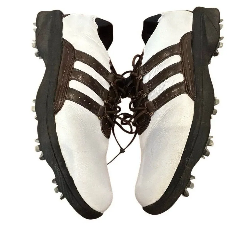 adidas Adipure Men's Golf Shoes Leather Spiked Lace Up White Brown Black size 9